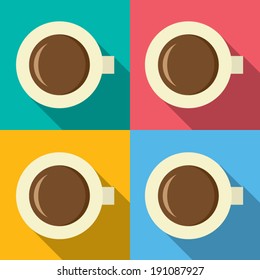 Top View Of Hot Coffee Mug On Colorful Background