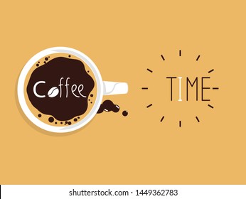 Top view of hot coffee on yellow background.coffee time