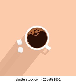 top view of hot coffee up in white mug with sugar cubes on brown background against long and hard shadow, flat designs, vector illustration for poster design