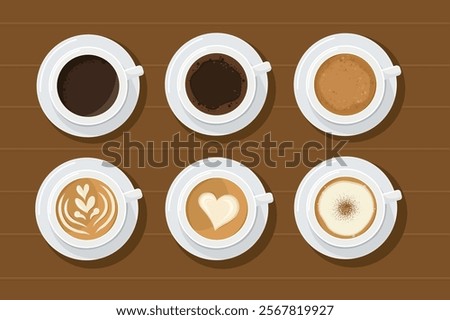 Top view Hot coffee in white cups. vector illustration