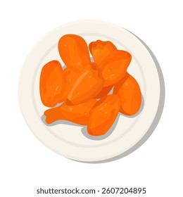 Top view of hot and sticky buffalo chicken wings on a plate isolated on a white background. Fried and spicy finger food with honey sauce on a kitchen table at a bbq, pub or restaurant from above