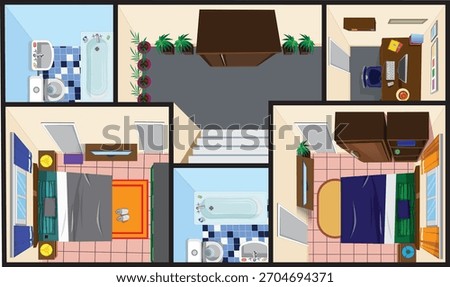 Top View House Interior Apartment Flat Design Bedroom Study Room Washroom Vector