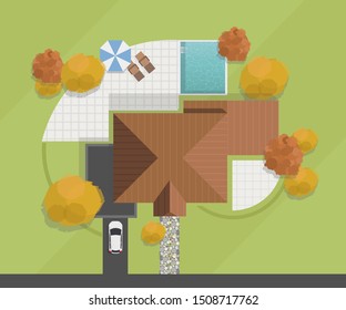 Top view of a house. Private house with swimming pool, courtyard, lawn and garage. Vector illustration