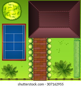 Top view of a house and surrounding illustration