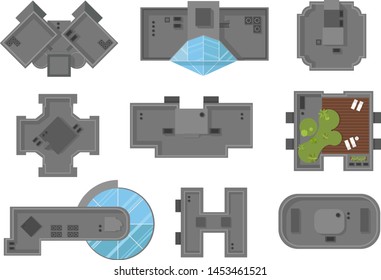 Vista superior de casas tejados altos edificios y rascacielos ilustración, conjunto vectorial.  Una colección de elementos arquitectónicos