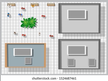 Vista superior de casas y calles con árbol. Aldea vectorial y parque de la gráfica plana