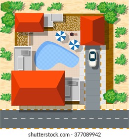 Top view of houses and streets with trees. Vector village and park landscape from map flat graphic