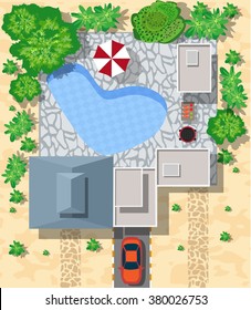 Top view of houses and streets with trees. Vector village and park  from  flat lay graphic