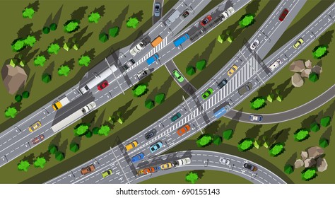 Top view huge autobahn expressway with traffic