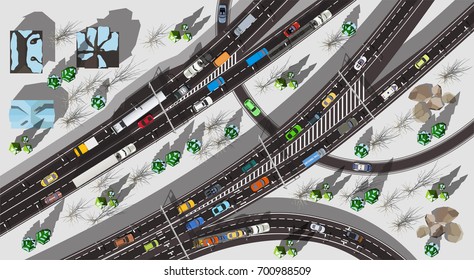 Top View Huge Autobahn Expressway With Traffic In Winter With Snow And Dead Trees