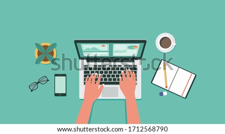 top view of human hand on laptop computer, online learning, work from home, remote working concept, flat vector illustration