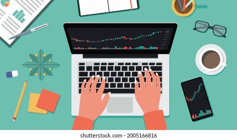 top view of human hand using laptop computer trading cryptocurrency, forex, stock with financial chart to buy and sell for exchange market concept, ดสฟะ vector illustration