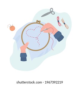 Top view of human hands doing embroidery with thread on hoop frame. Hobby creative leisure activity emblem, flat vector illustration isolated on white background.
