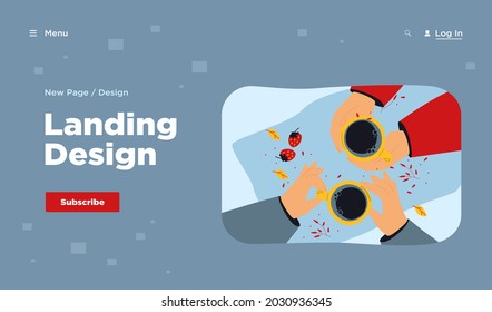 Top view of human hands holding cups isolated flat vector illustration. Cartoon unrecognizable character drinking morning tea or coffee in cafe. Friends meeting and refreshment concept