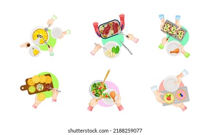 Top view of human hands serving tasty breakfast dishes set cartoon vector illustration