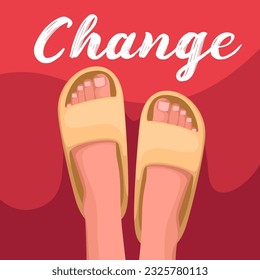 Top view of human legs in beach shoes standing near Change inscription vector illustration. Cartoon barefoot person on road to future development and new journey, step to change in life and career