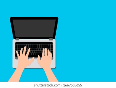 Top view of human working on laptop. Business objectives goals progress improvement concept. Blank screen laptop computer. Vector illustration on blue background.