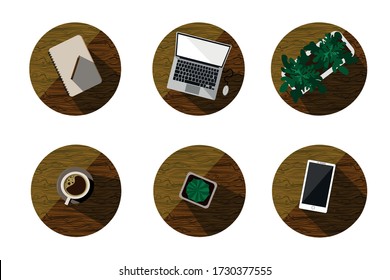 Top view icons Set icons about desk accessories, computers, coffee, mobile phones Wood background