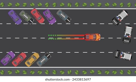 top view of illegal street car vehicle racing in black road with police car chase scene