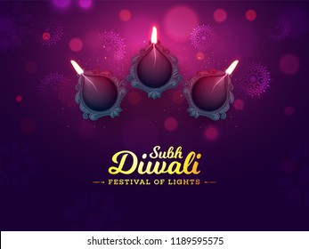 Top view of illuminated oil lamps on blurred purple background. Poster or banner design for Shubh (Happy) Diwali celebration.