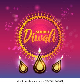 Top view of illuminated oil lamps (Diya) with bokeh effect on purple background for Shubh (Happy) Diwali celebration.