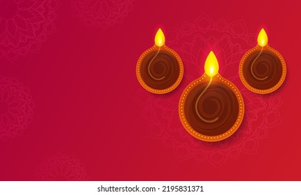 Top View Of Illuminated Oil Lamps (Diya) And Copy Space On Red Mandala Pattern Background.