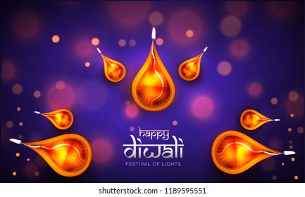 Top view of illuminated realistic oil lamps on blurred purple background with stylish lettering of Happy Diwali. Can be used poster or banner design. 