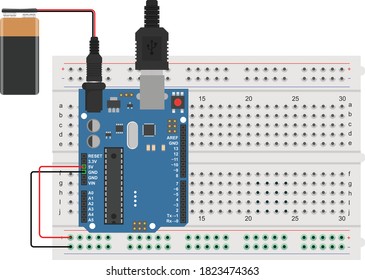 top view illustration of arduino with 9v battery