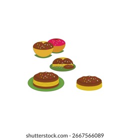 Ilustración de vista superior de donuts surtidos con adornos coloridos, aislados sobre fondo blanco.