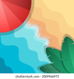 Top view illustration of the beach, seashore, waves, beach umbrella and palm leaves