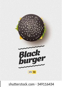 Top view illustration of black cheesburger on the grey background.