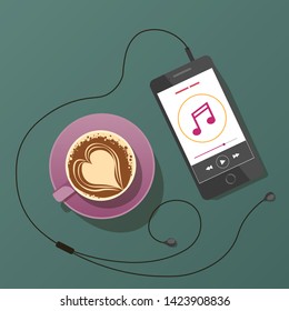 Top view illustration with cup of coffee, earphones and smartphone on the dark background. Music player on the mobile screen. Can be used for card, poster, banner, cover, postcard.