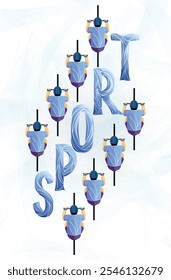Ilustración vectorial con ciclistas sobre un fondo geométrico blanco. Texto deportivo en estilo lineal de color