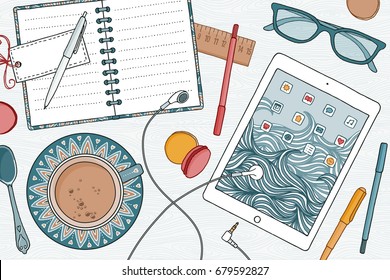 Top View Illustration Of A Desk With Notebooks, Tablet, Coffee And Pens