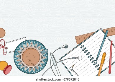 Top view illustration of a desk with notebooks, tablet, coffee and pens, with empty space for text