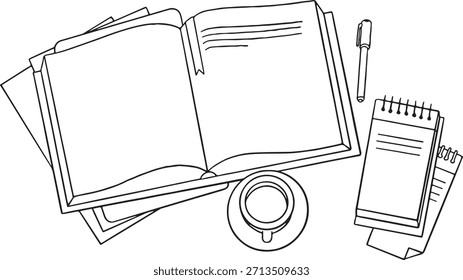 Top view illustration of a desk with an open book, coffee cup, pen, and small spiral notepad. Represents studying, writing, reading, work from home, learning, or a cozy break.