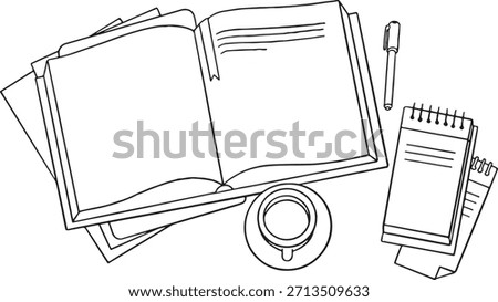 Top view illustration of a desk with an open book, coffee cup, pen, and small spiral notepad. Represents studying, writing, reading, work from home, learning, or a cozy break.