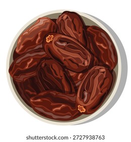 Ilustración de los dátiles secos en un tazón aislado en el fondo blanco para el Ramadán Kareem y los conceptos de la dieta saludable