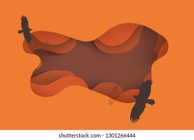 top view illustration of an eagle flying on a hill, concept design paper art style.Vector illustration