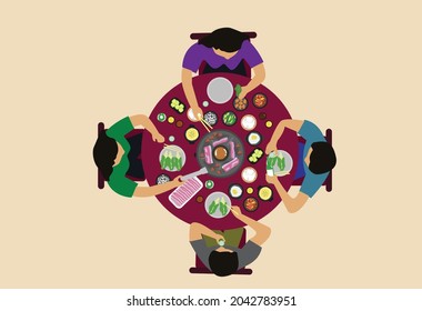 Top view illustration of four people  eating ssamgyeupsal food and side dish and drinking soju. Editable Clip Art