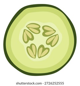 Ilustração de vista superior de uma fatia de pepino fresco isolado no fundo branco. Elemento vegetal verde estilo liso limpo. Perfeito para design de bebidas e bebidas, receitas de cocktail e mocktail, água de desintoxicação, marca de spa, visuais de estilo de vida saudável, embalagem de alimentos, menus, projetos de verão e conteúdo de mídia social