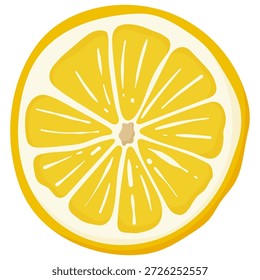 Ilustración de vista superior de una rodaja de limón fresco aislado sobre fondo blanco. Cítricos amarillos brillantes en estilo plano limpio. Perfecto para el diseño de bebidas y bebidas, recetas de cócteles y cócteles, imágenes de limonadas, envases de alimentos, menús, proyectos de estilo de vida saludable, marca de verano y contenido de redes sociales