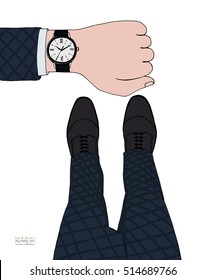 Top view illustration of gentlemen in classic fashionable checkered suit and leather shoes checking time on wrist watch. Businessman at work. Male hand, legs. Colored hand drawn ink vector sketch