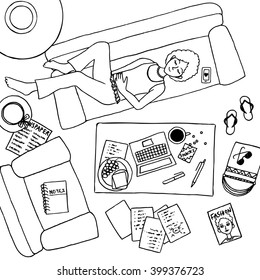 Top view illustration of a girl taking a nap on the couch, with laptop and notes next to her on the coffee table