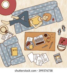 Top view illustration of a girl taking a nap on the couch, with laptop and notes next to her on the coffee table