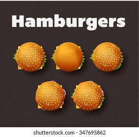 Top view illustration of hamburgers. Realistic vector set