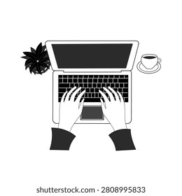 Top view illustration of hands typing on laptop computer, black and white flat lay workspace.