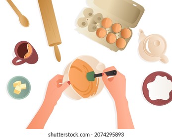 Top view illustration of hands who prepare dough or cream in a bowl. Kitchen utensils and ingredients for the cake. Vector illustration of a cooking concept.
Flour, eggs, coffee, butter, teapot, spoon