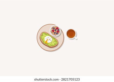 Top View Illustration of Healthy Avocado Toast with Poached Egg, Granola Berry Bowl, and Cup of Tea
