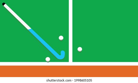 Top view illustration of hockey stick and balls on grass court. With copy space. Banner to announce hockey tournaments.